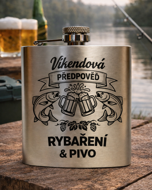 Nerezová placatka 180 ml Víkendová předpověď rybaření a pivo 2
