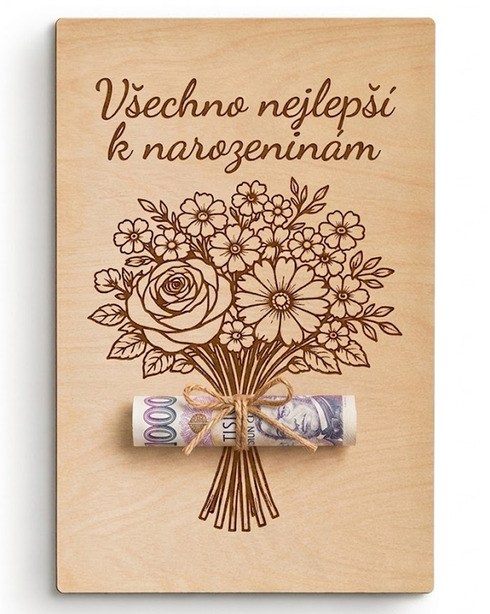 Dřevěná karta na peníze k narozeninám