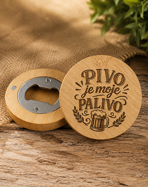 Dřevěný kulatý otvírák Pivo je moje palivo