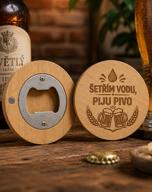 Dřevěný kulatý otvírák Šetřím vodu, piju pivo