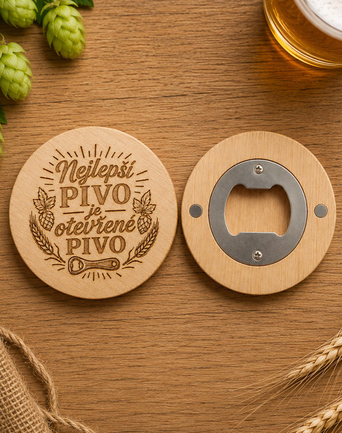 Dřevěný kulatý otvírák Nejlepší pivo, je otevřené pivo