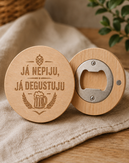 Dřevěný kulatý otvírák Já nepiju, já degustuju