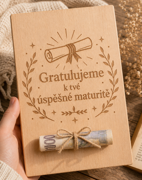 Dřevěná karta na peníze Gratulujeme k tvé úspěšné maturitě