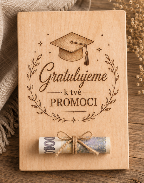 Dřevěná karta na peníze Gratulujeme k tvé promoci