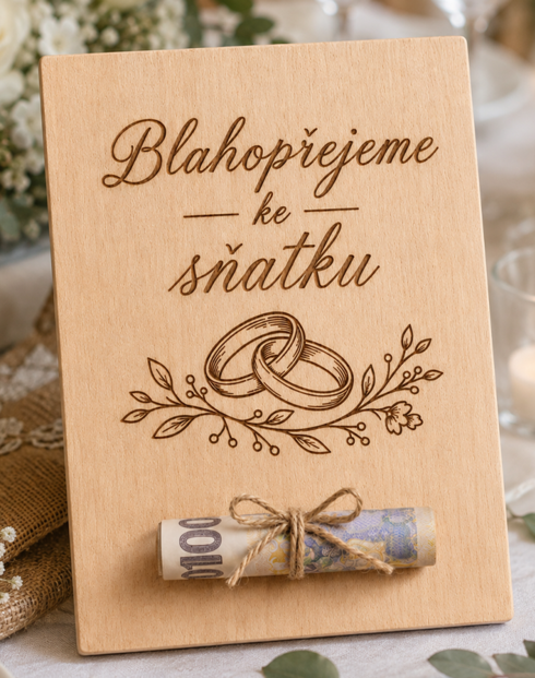 Dřevěná karta na peníze Blahopřejeme ke sňatku
