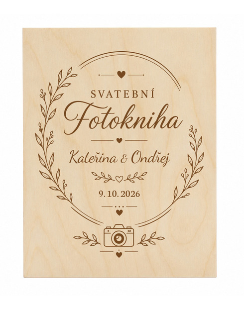Dřevěná krabička na svatební fotky ve tvaru knihy