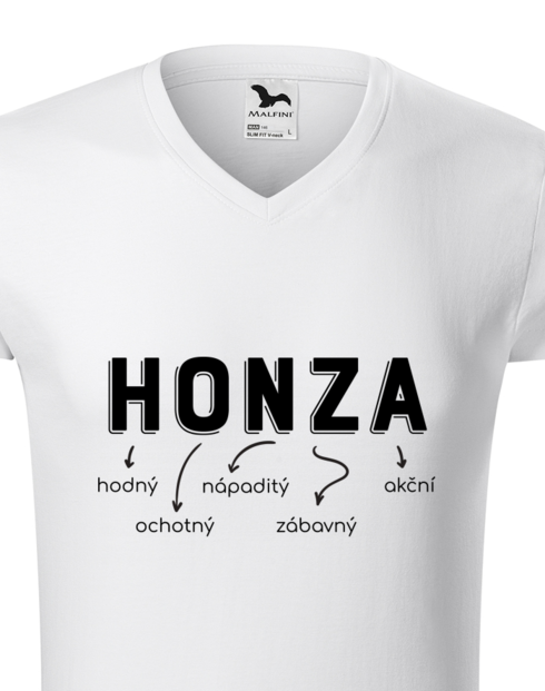 Pánské tričko s výstřihem do V – Honza, nosný, napravný, okení, ochotný, zásadový