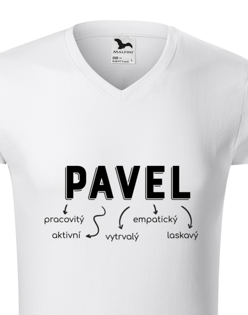 Pánské tričko s výstřihem do V – Pavel, pracovitý, skromný, vtipný, empatický, loajální