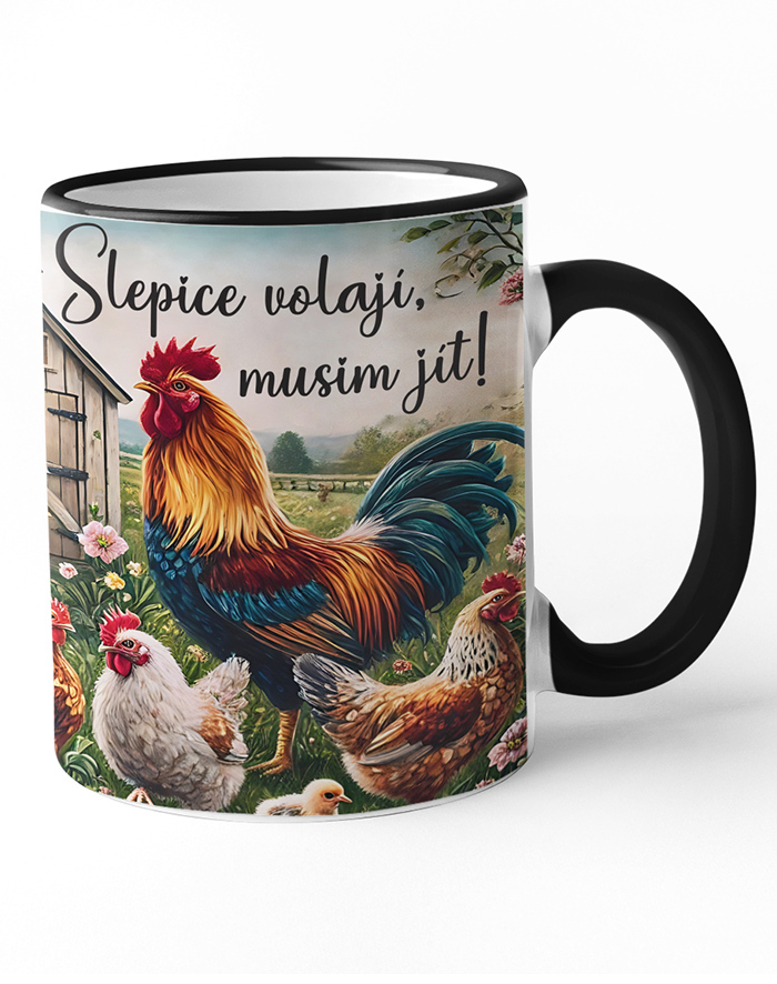 Keramický hrnek s barevným uchem Slepice volají Musím jít!