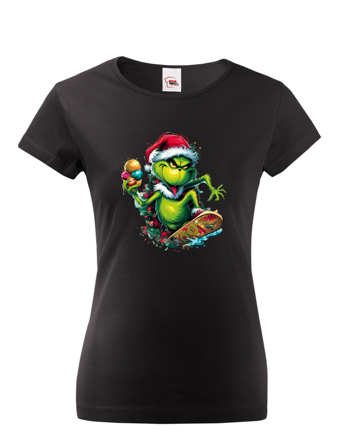 Dámské tričko Grinch na skateboardu