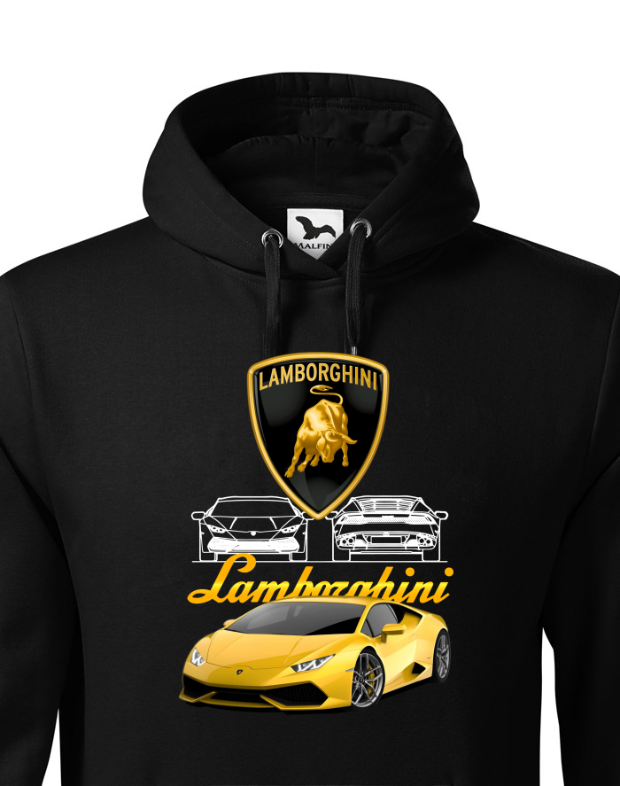 Pánská mikina s kapucí Lamborghini – žlutý vůz a logo