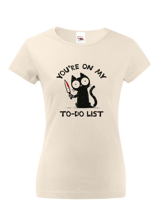 Dámské tričko s potiskem To-do list – černá kočka s nožem