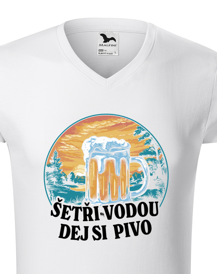 Pánské tričko s výstřihem do V - Šetři vodu, dej si pivo
