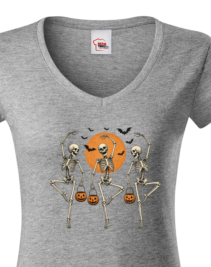Dámské tričko s výstřihem do V Halloween - Tančící kostlivci