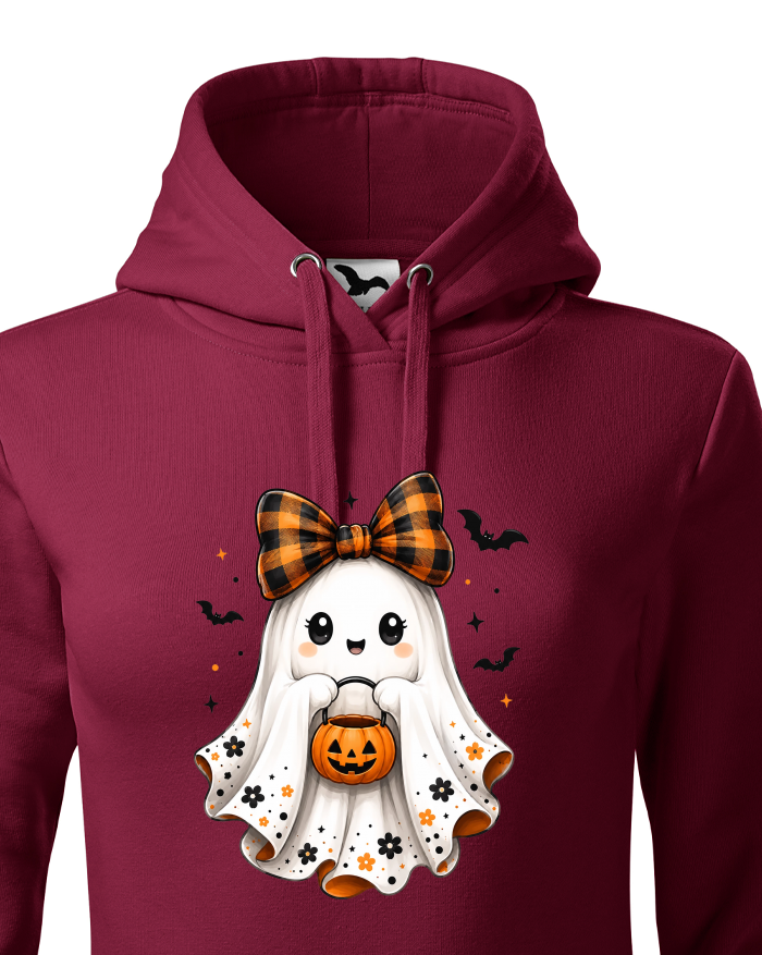 Dámská mikina s kapucí Halloween - Duch s dýňovým košíkem
