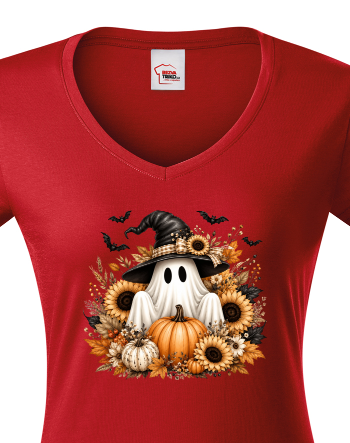 Dámské tričko s výstřihem do V – Halloween duch s čarodějnickým kloboukem