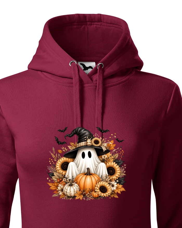Dámská mikina s kapucí Halloween – duch s čarodějnickým kloboukem