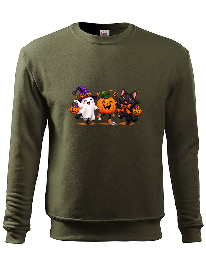 Dětská mikina bez kapuce Halloween trio – duch, dýně a kočka