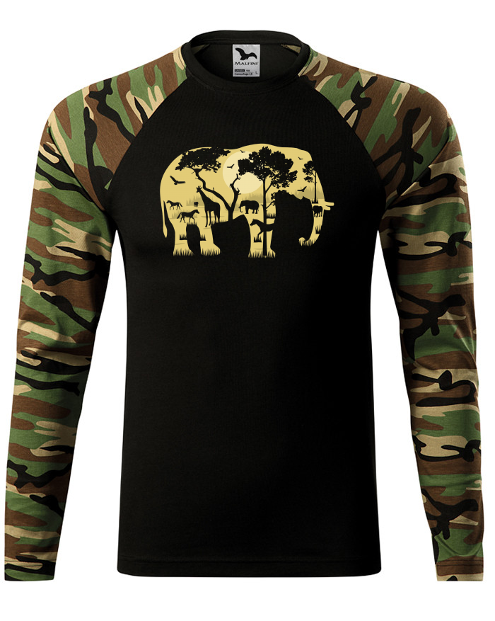 Unisex tričko s dlouhým rukávem Elephant – silueta slona s africkou krajinou