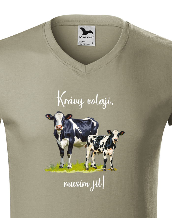 Pánské tričko s výstřihem do V Krávy volají, musím jít