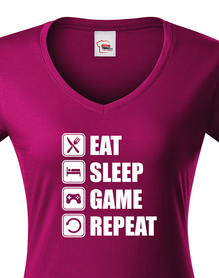 Dámské tričko s výstřihem do V Eat, Sleep, Game, Repeat