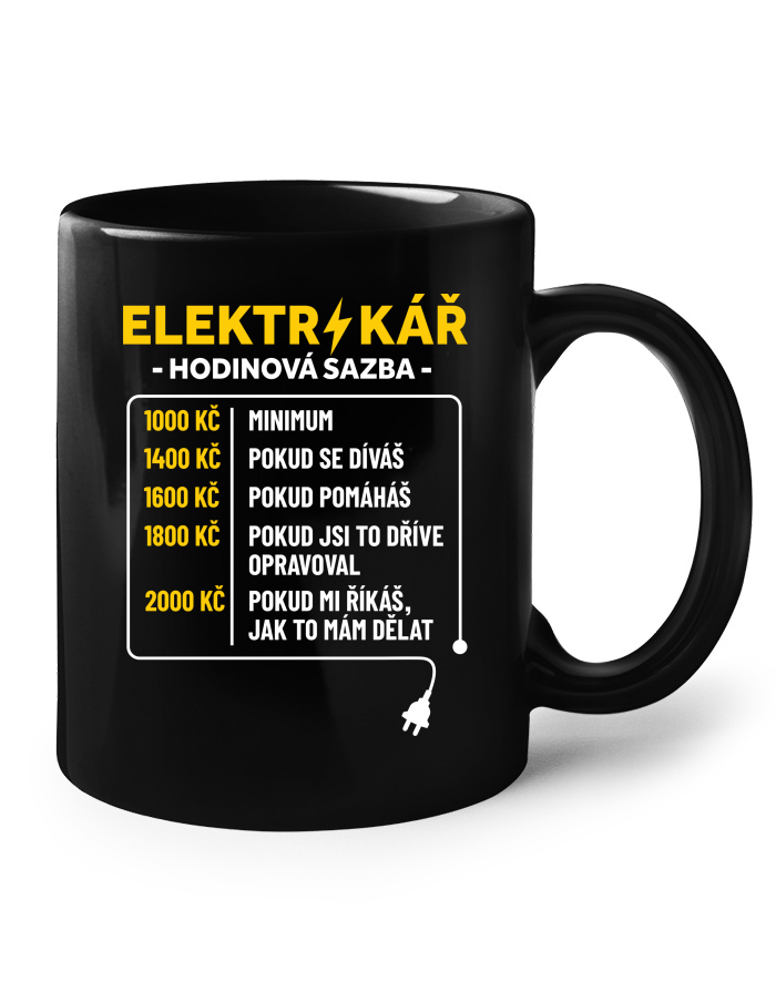 Keramický hrnek černý – Elektrikář hodinová sazba