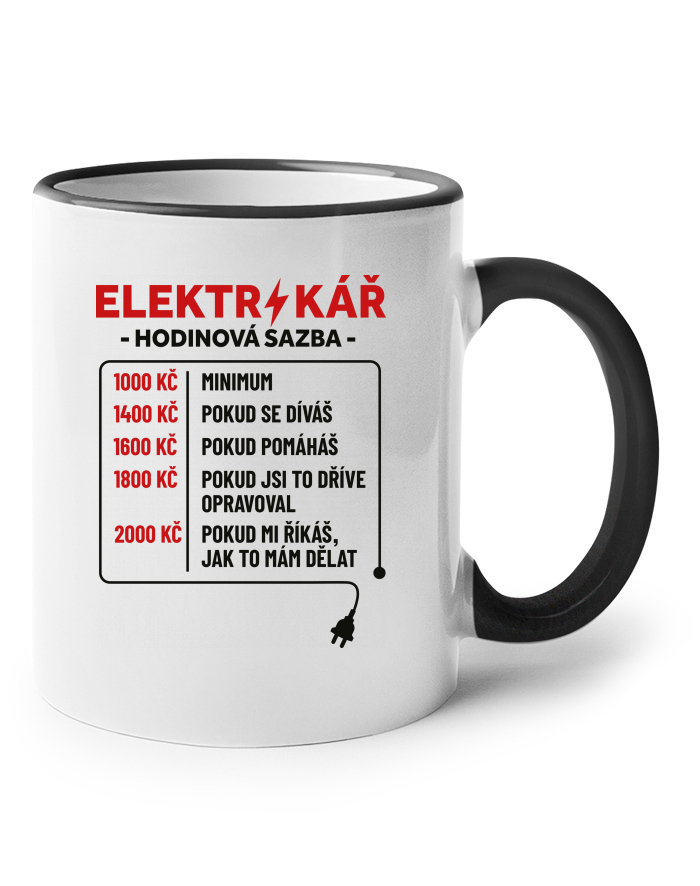 Keramický hrnek s barevným uchem Elektrikář – Hodinová sazba