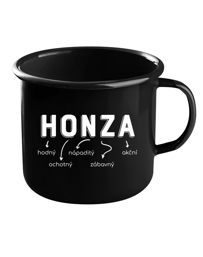 Plechový hrneček černý – Honza: nešťastný, napadený, okradený, ochotný, zasloužilý