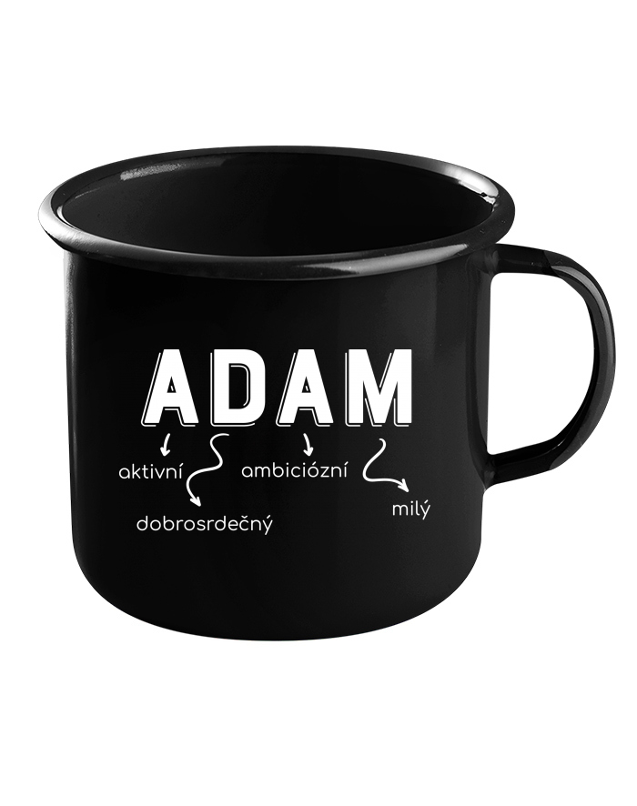 Plechový hrneček černý – Adam, okouzlující, ambiciózní, dobrostojný
