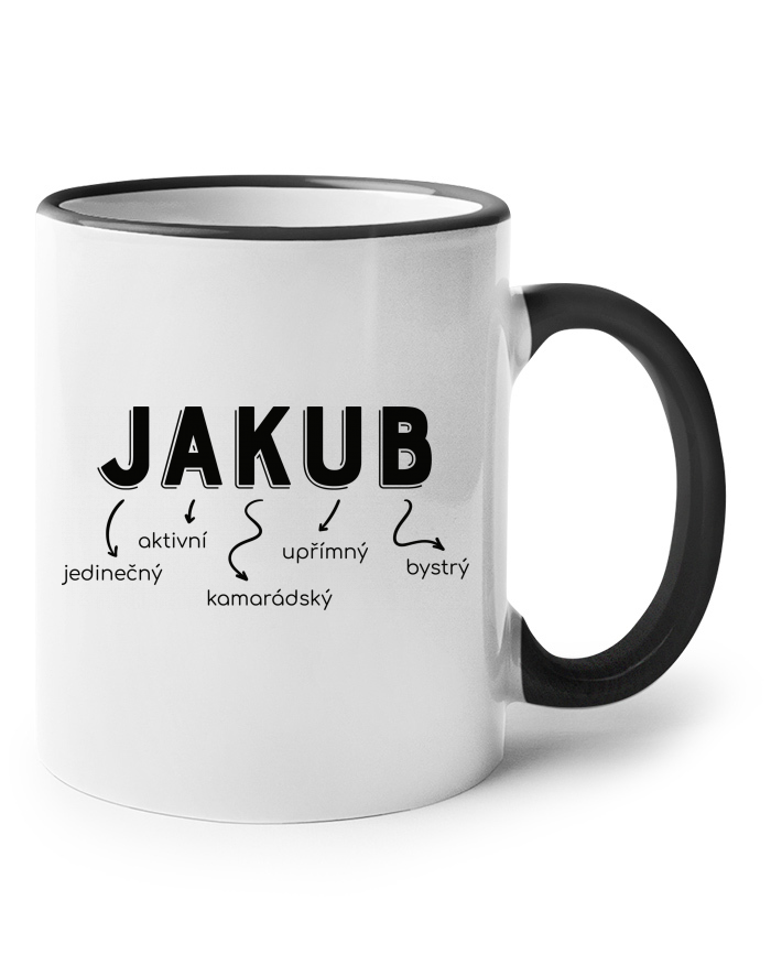 Keramický hrnek s barevným uchem – Jakub, skvělý, úžasný, fenomenální, legendární, nejlepší kamarádský