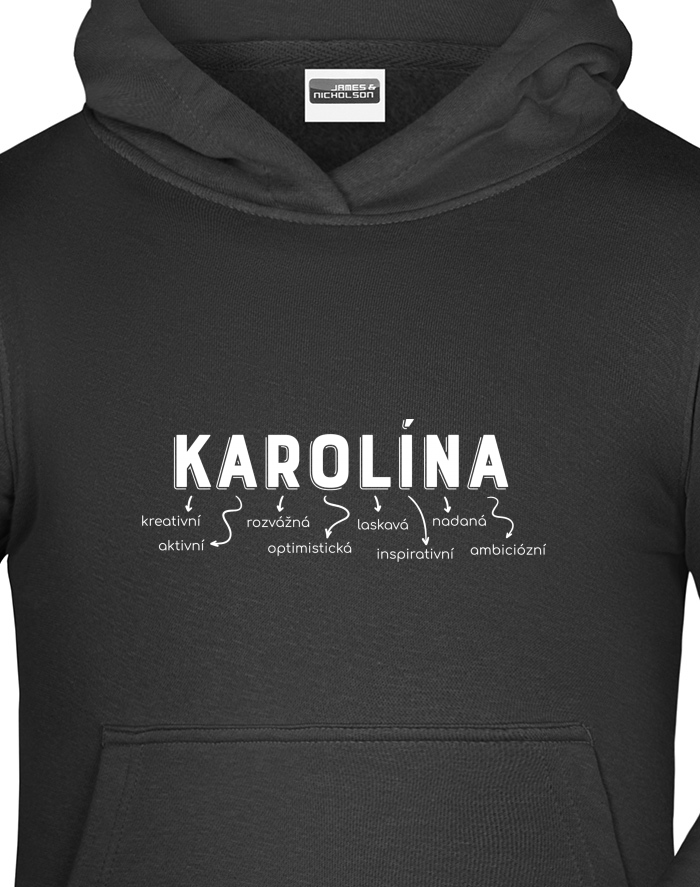 Dětská mikina s kapucí – Karolína, rozvedená, šťastná