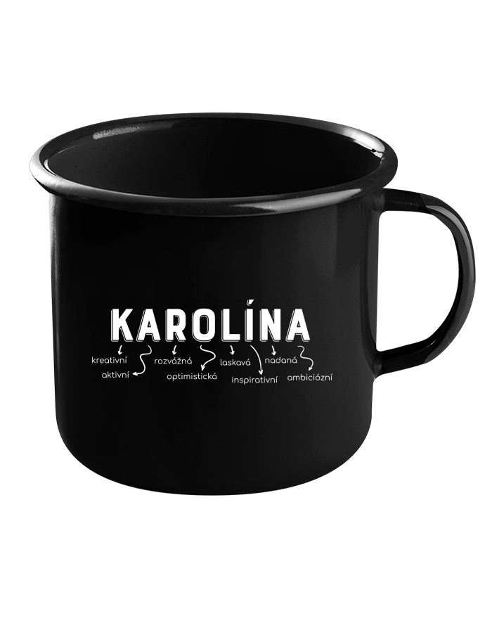 Plechový hrneček černý – Karolína, rozvedená, bezevě, hotová