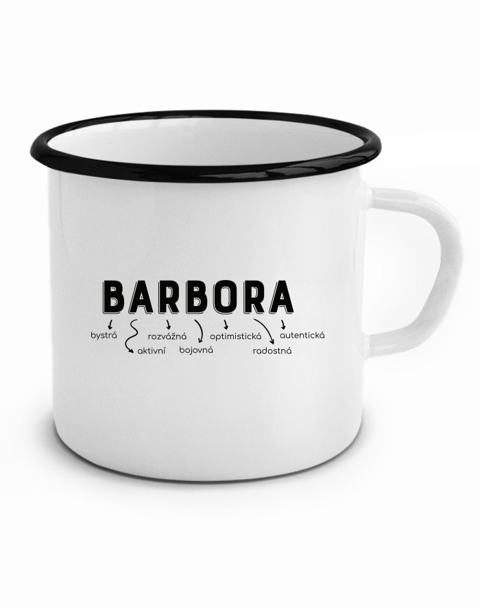 Plechový hrneček Barbora – 4. 12. rozsvěcí, čertí, okrádá, zlobí, straší, kouzlí, čaruje, radost dělá