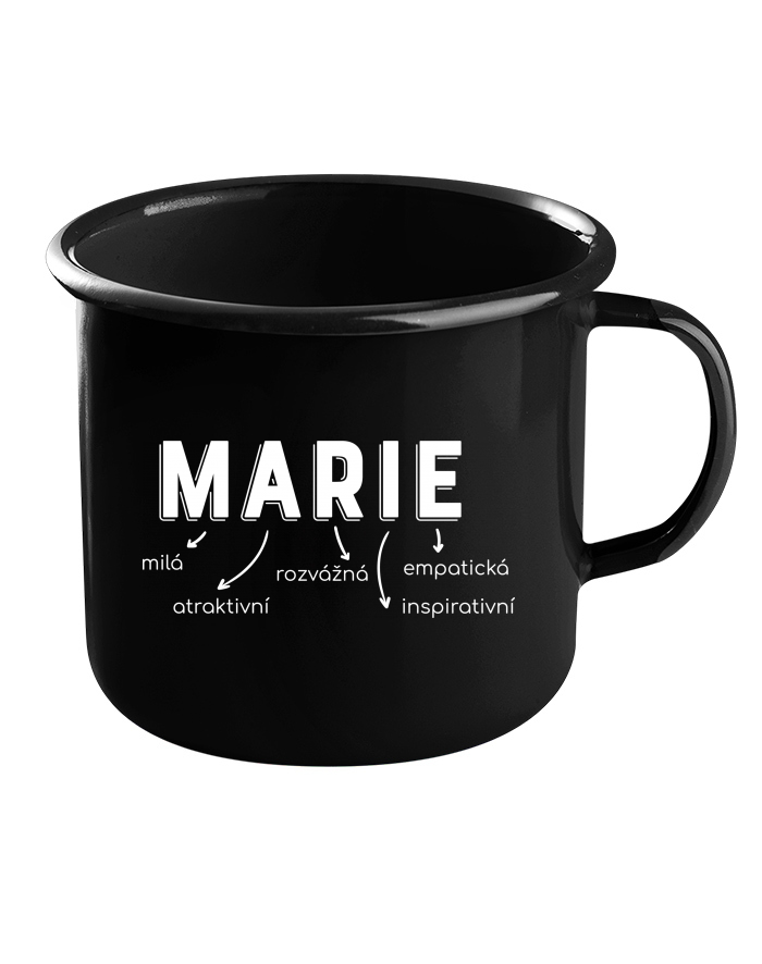Plechový hrneček černý – Marie, pilná, rozvážná, empatická