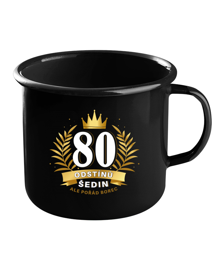 Plechový hrneček černý k 80. narozeninám 80 odstínů šedin