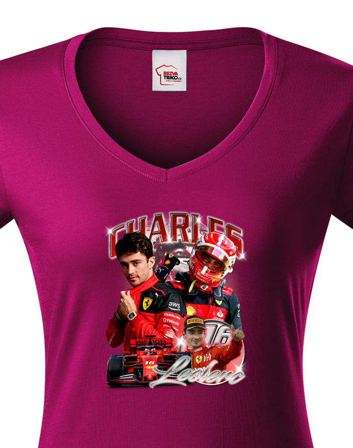 Dámské tričko s výstřihem do V – F1 Charles Leclerc