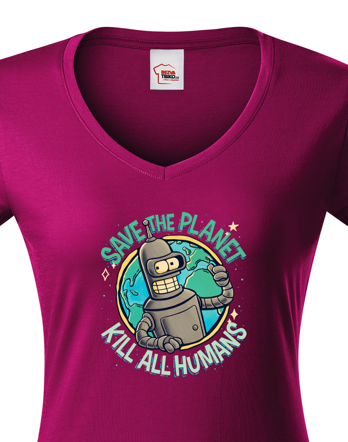 Dámské tričko s výstřihem do V Futurama Bender Save the Planet