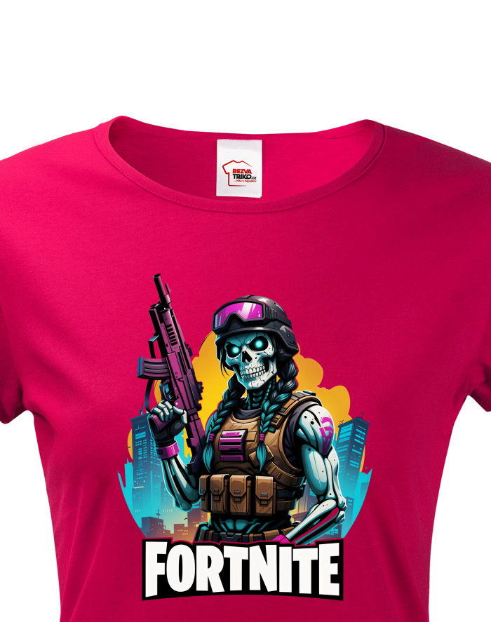 Dámské tričko Fortnite 3 – skeleton voják s copánky