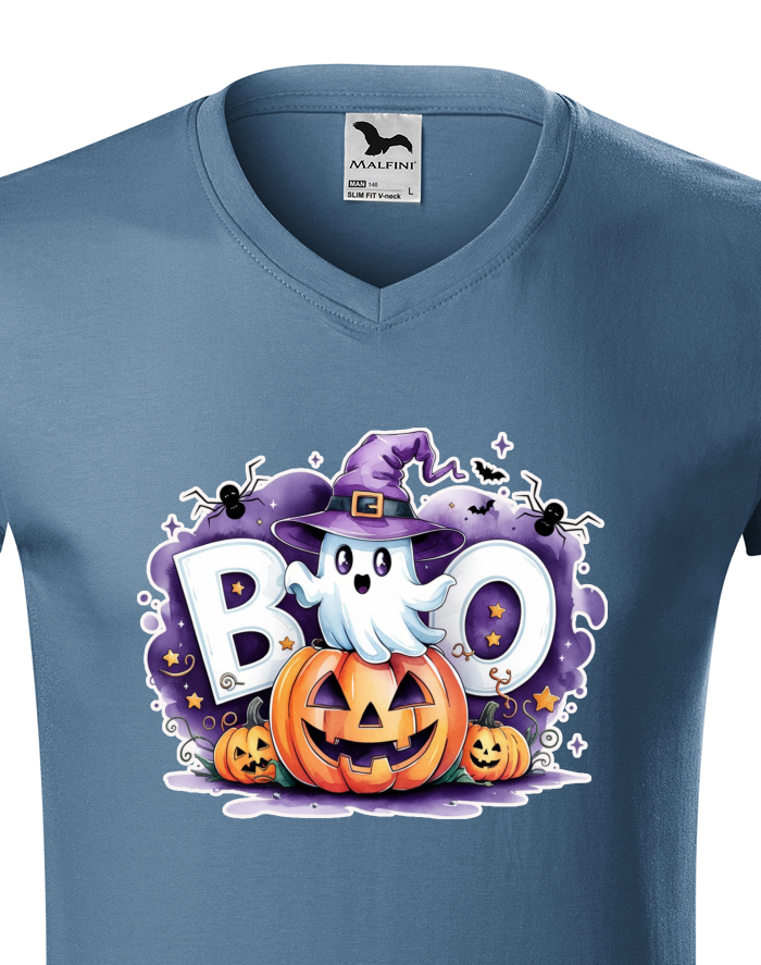 Pánské tričko s výstřihem do V - Duch s dýní BOO