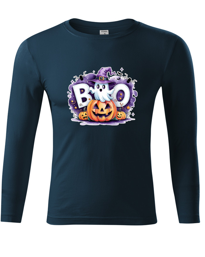 Tričko s dlouhým rukávem BOO – halloweenský duch s dýní