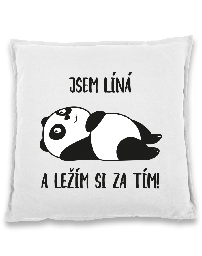 Bavlněný polštář s pandou: Jsem líná a ležím si za tím!