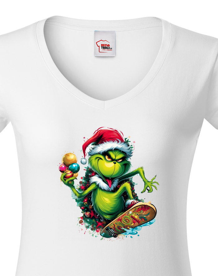 Dámské tričko s výstřihem do V - Grinch na skateboardu