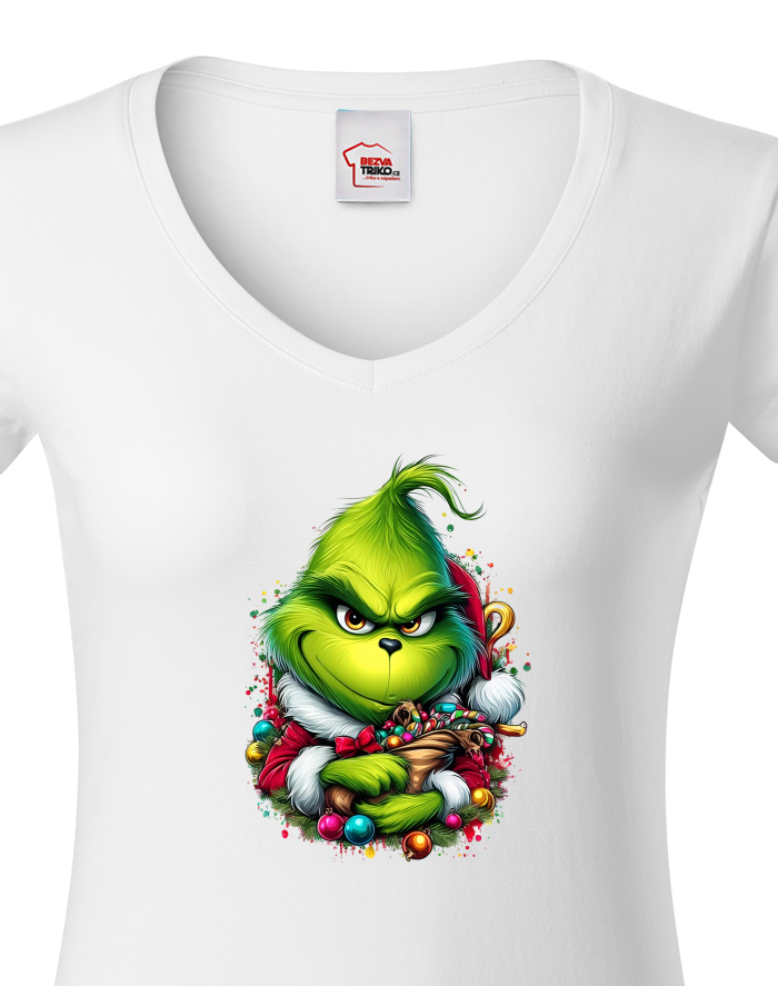 Dámské tričko s výstřihem do V - Grinch s ozdobami