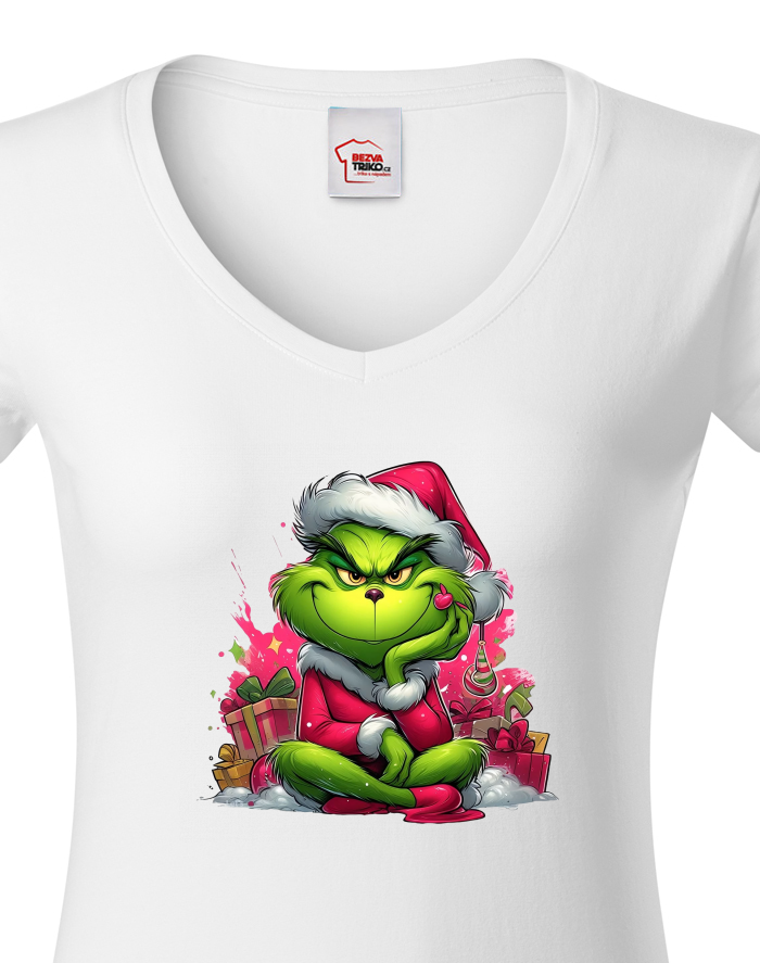 Dámské tričko s výstřihem do V - Grinch s dárky
