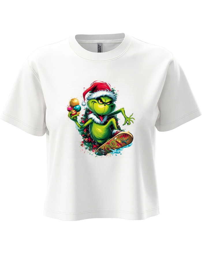 Dámský crop top Grinch na skateboardu