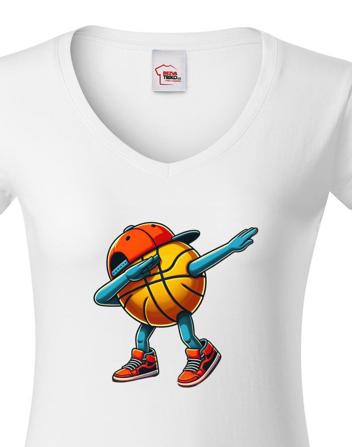 Dámské tričko s výstřihem do V – Basketbalový míč dab dance