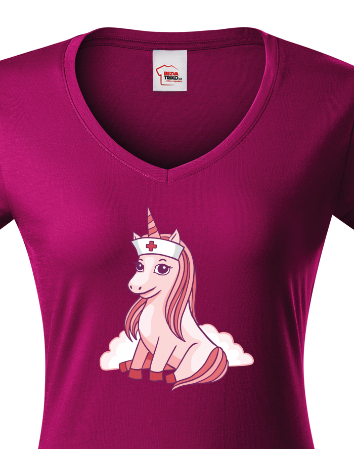 Dámské tričko s výstřihem do V - Unicorn nurse
