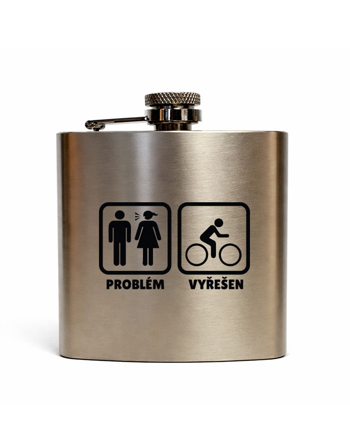 Nerezová placatka 180 ml s potiskem Problém vyřešen cyklista