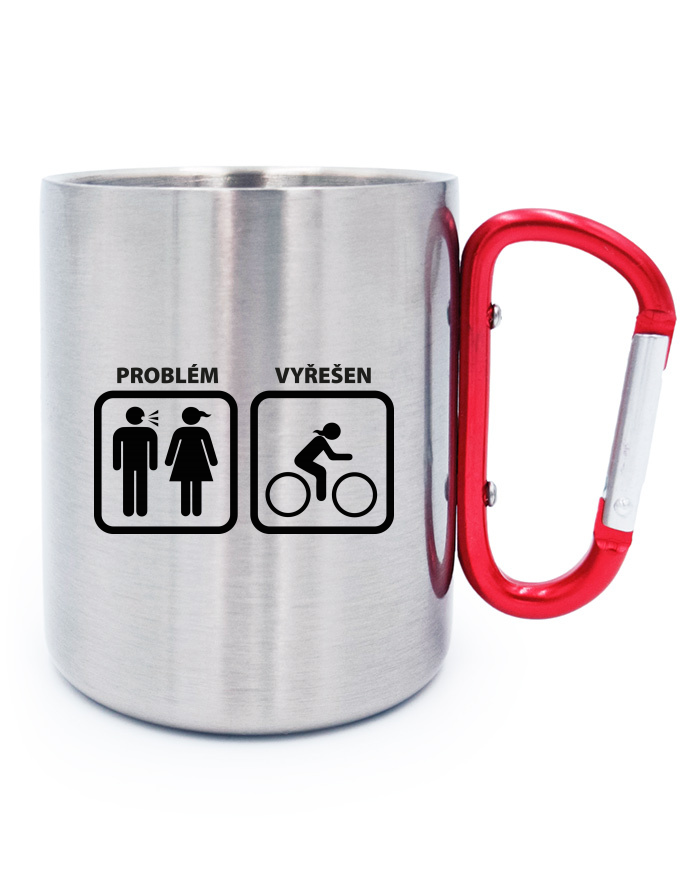 Nerezový hrnek s karabinou – Problém vyřešen cyklistka