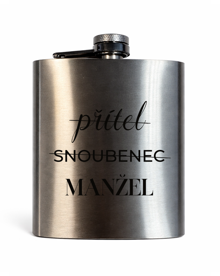 Sada kovové placatky s kalíšky a nálevkou 200 ml - Přítel, Snoubenec, Manžel